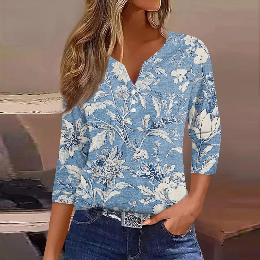 Women's T Shirt Tee Print Button  3/4 SleeveDaily Weekend Fashion Basic V- Neck Regular Top