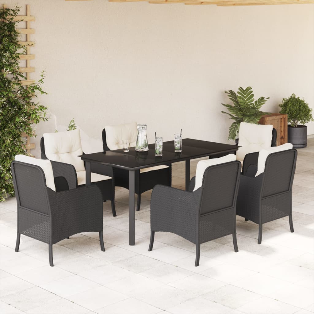 Vidaxl 7-Cz. Garden Furniture Set With Cushions, Black, Poly Rattan
