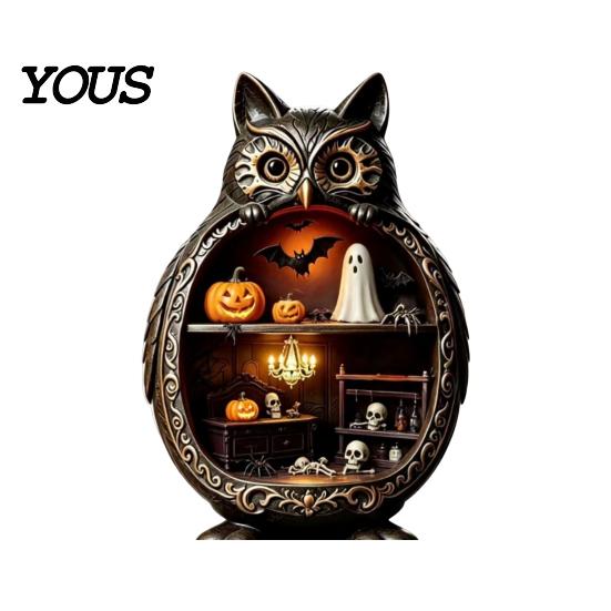 Wood Owl Sculpture Halloween Wooden Tabletop Centerpiece, 2D Flat Pumpkin Ghost Bat Figurine Skeleton Standing Table Sign for Party, Shelf, Desk Decor