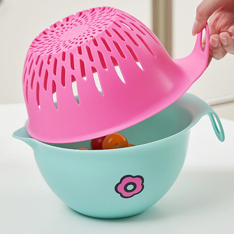 Kreativní multifunkční odkapávací koš Dvouvrstvý kuchyňský koš na ovoce a zeleninu Kulatý plastový koš na mytí nádobí s rukojetí