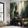 Buddha Curtain - Lotus, Bronze Statue, Green & Pink Flowers, Jungle Scene, Polyester, 70In, 12 Hooks, Machine Washable