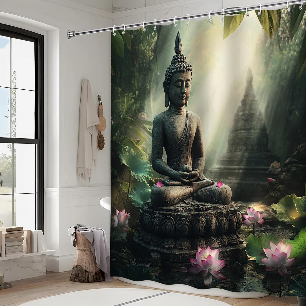 Buddha Curtain - Lotus, Bronze Statue, Green & Pink Flowers, Jungle Scene, Polyester, 70In, 12 Hooks, Machine Washable