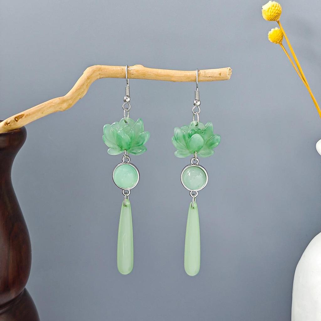 Ancient Chinese Style Beaded Tassel Earrings with Flower Fan and Bowknot