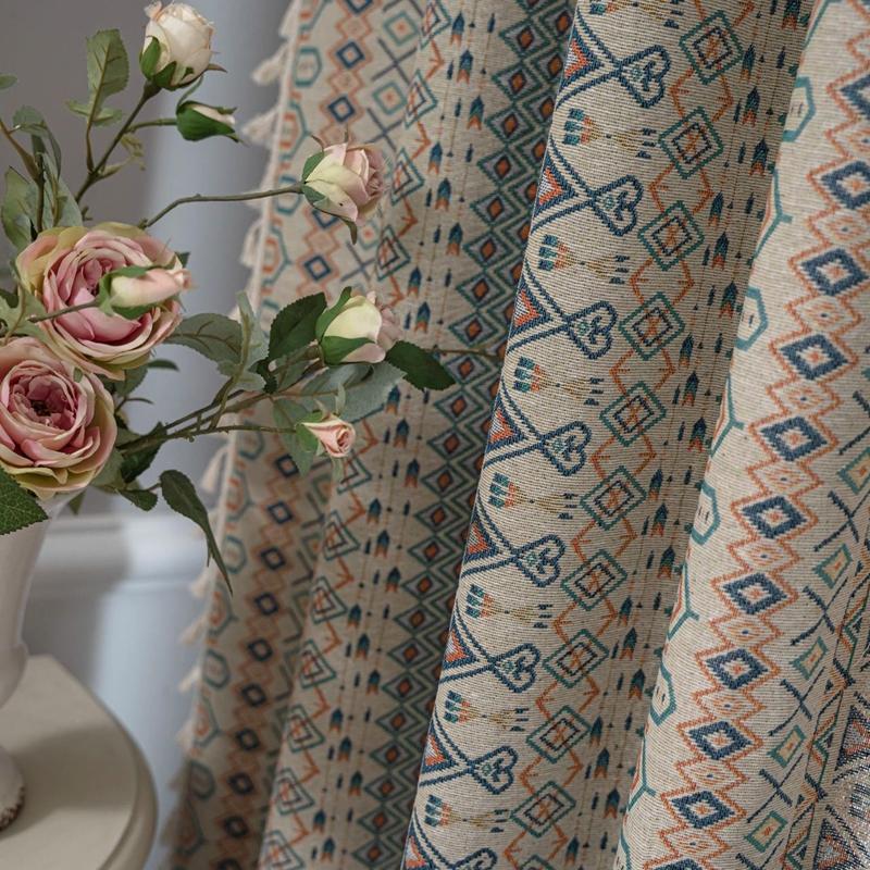 American Style Country Home Life Curtain Geometric Jacquard Fringe Semi-blackout Bedroom Balcony Living Room Decorative Valance