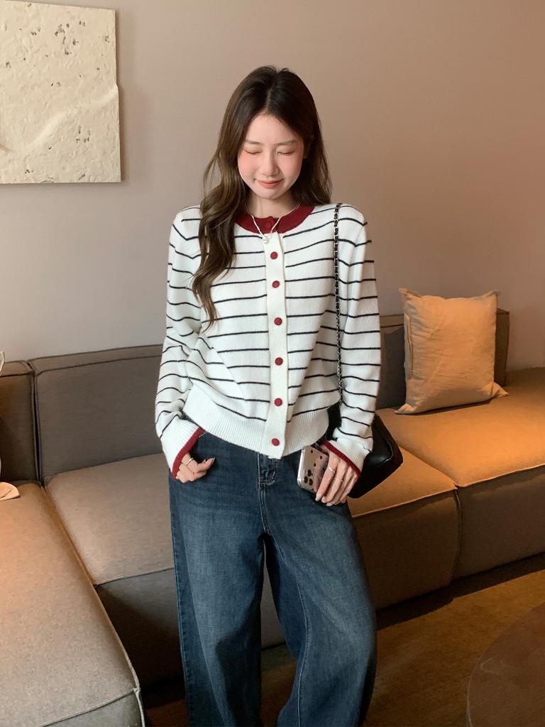 Vintage crew neck striped splicing contrasting color long-sleeved knitted cardigan women's autumn loose and thin sweater jacket