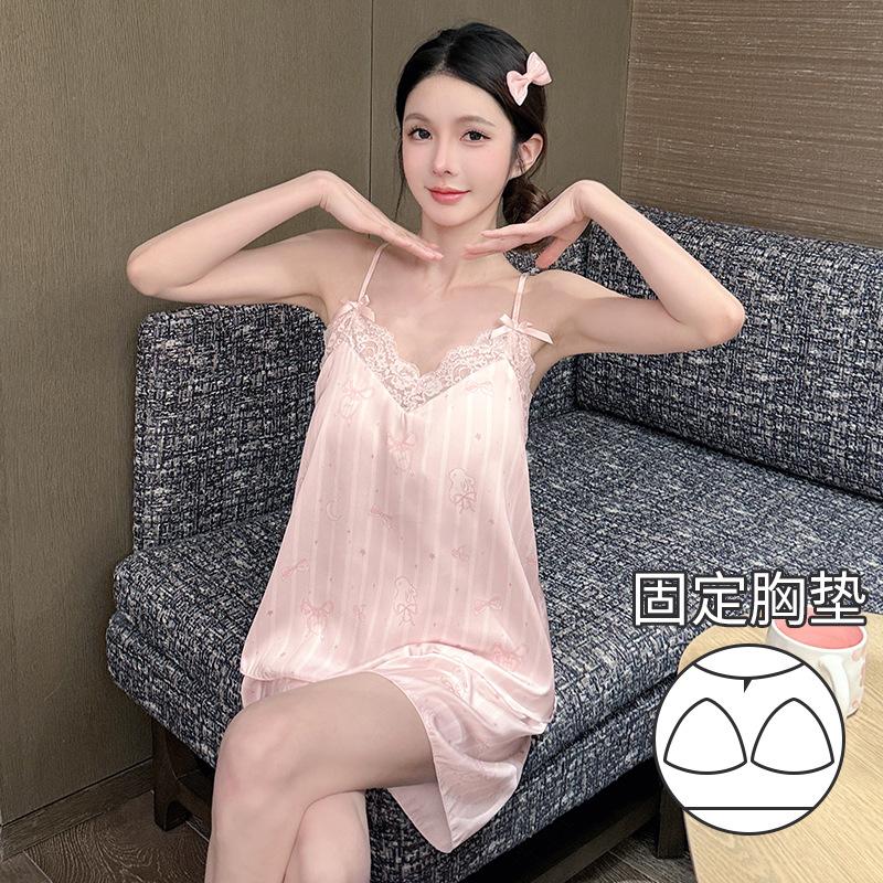 Summer New Extra Soft Silk Cool and Delicate Cute Print Sexy with Chest Pad Suspender Pajama Set Loungewear Women