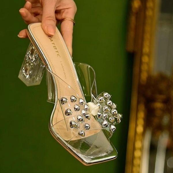 Rhinestone bow transparent semi-drag sandals women's 025 summer new outer wear crystal heel cool slippers lazy word drag
