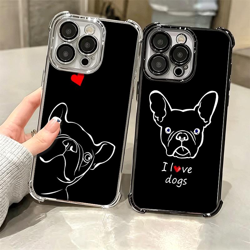 French Bulldog Black Desgin Plating Phone Case For Iphone 16 17 Pro Max Air 16E 14 15 Plus 12 13 Mini Anti-Fall Airabag Cover