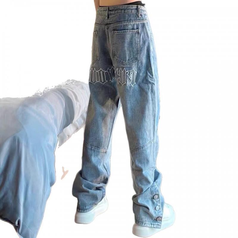 Mens Loose Fit Blue Denim Jeans Embroidery Button Fly Hip Hop Streetwear Casual Pants