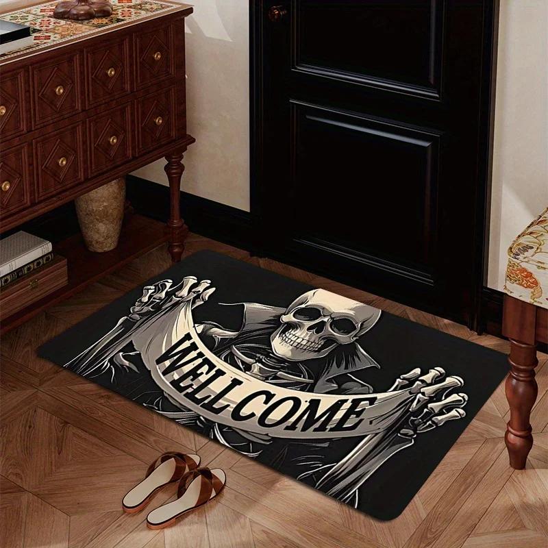 Halloween Easter Doormat Skull Welcome Mat Non-Slip Backing Indoor Outdoor Washable Floor Mat for Porch Entryway Home Holiday
