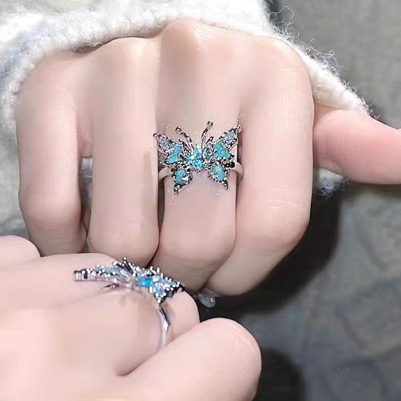 Blue Butterfly Oil Drop Enamel Open Ring Sweet Spice Girl Style Personality Versatile