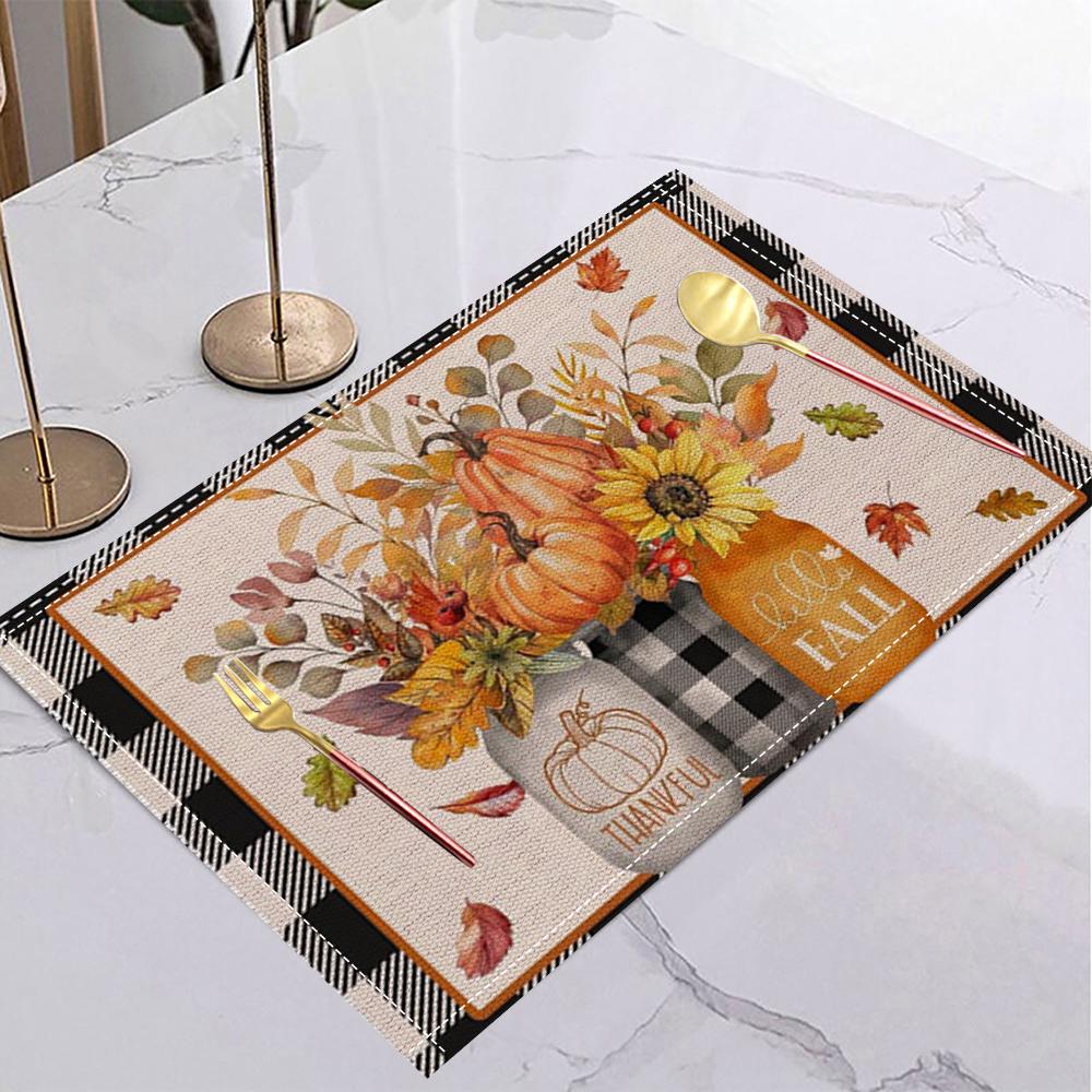 Fall Harvest Table Mat Plaid Pumpkin Gnome Maple Leaf Placemat for Thanksgiving Dinner Fall Party Holiday Table Home Decor