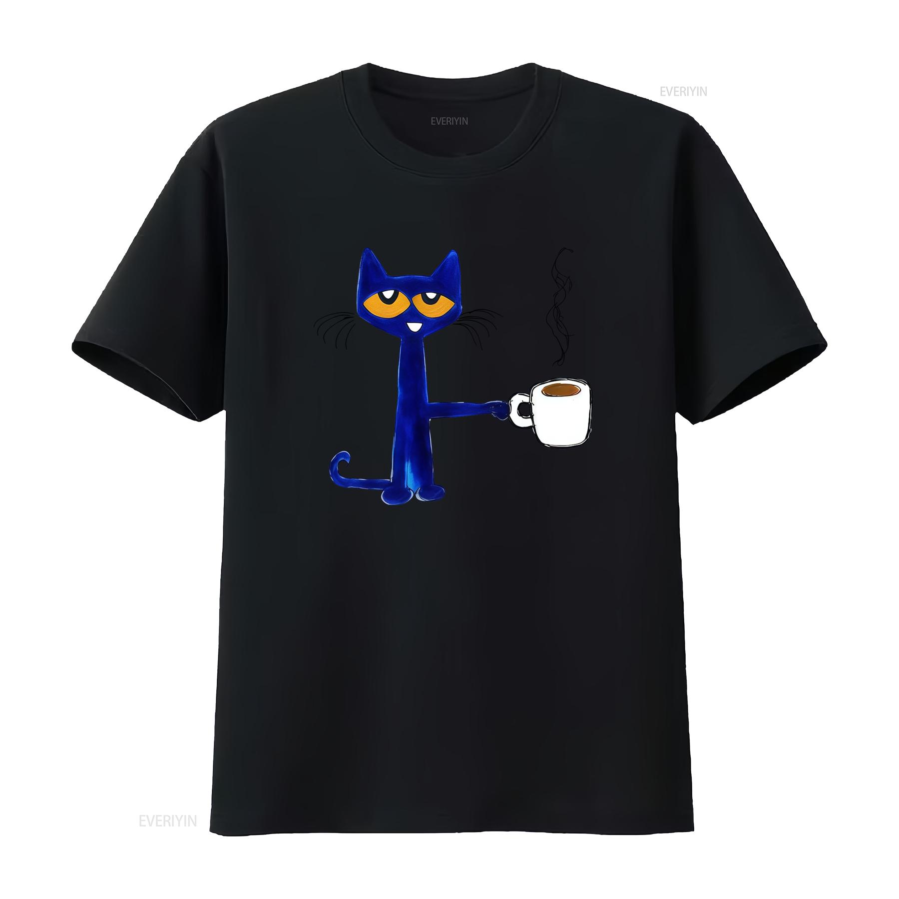 

Coffee and Cat T Shirt Pete the Aesthetic Unique Design for Lovers vintage Washed Unisex designer clothes Breathable Soft 4XL