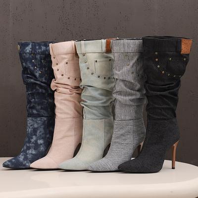 Women's High-heeled Boots Sexy European and American Style Pointed-toed Thin-heeled Large-size Cowboy Mid-boots