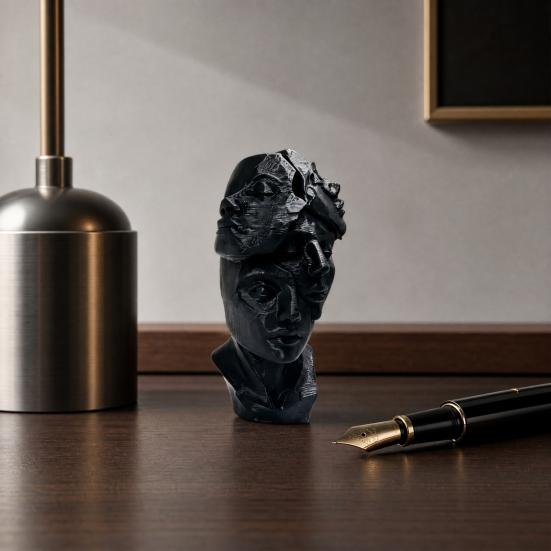 3D Printed Abstract Multi-Face Bust Sculpture, Art Decor with Black White Matte Finish, Compact Desktop Ornament for Entryway Home Office