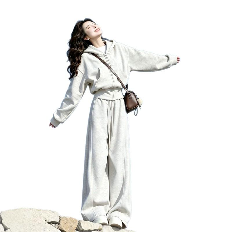 Womens Gray Casual 2-Piece Set 2026 Korean Style Hooded Cropped Sweatshirt Wide-Leg Pants
