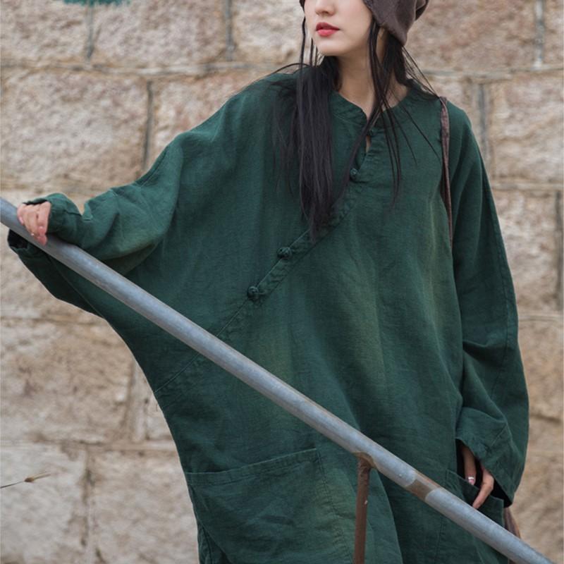 Johnature Women Vintage Stand Coats Long Sleeve Trench Spring Solid Color Chinese Style  Button Pockets Women Clothes