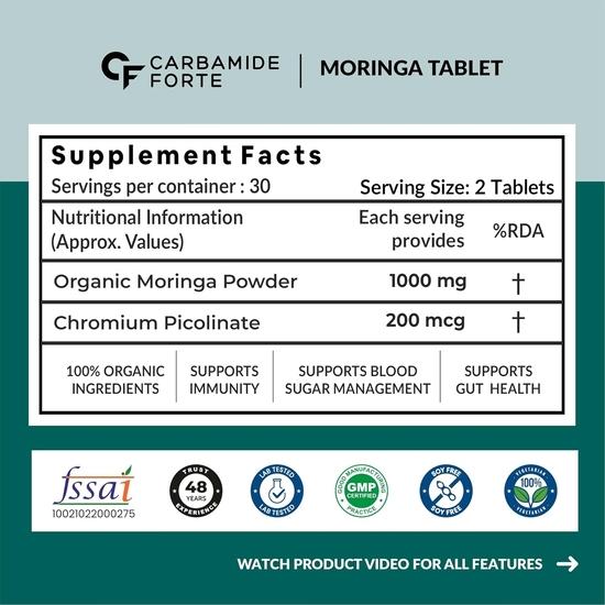 Carbamide Forte Bio Moringa Tabletten mit 1000mg Moringa Blätter Extrakt | Meerrettichblätter Pulver Tabletten für Immunität, Verdauung | 60 Veg Tabletten