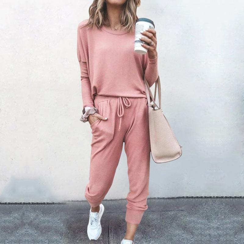 Women's Fashion Casual Spring Autumn Solid Color Print Long Sleeve O-Neck Trousers Pants Suits
