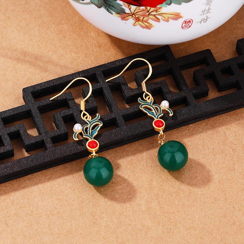 Ancient Gold Craft Chinese Style Retro Enamel Eardrop Inlaid Natural An Jade Earrings For Women Classic Design Jewelry