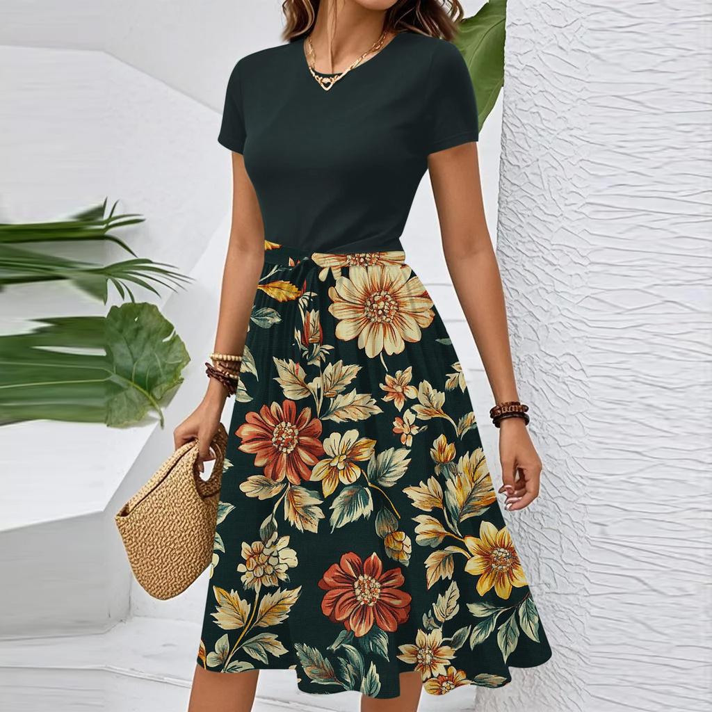 Dámské ležérní módní šaty s páskem, s květinovým potiskem, s krátkým rukávem, s kulatým výstřihem, elegantní