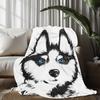 1pc Soft Flannel Blanket - Black & White Dog with Blue Eyes, HD Digital Print Throw - All-Season Couch, Bed, Gift - Machine Wash
