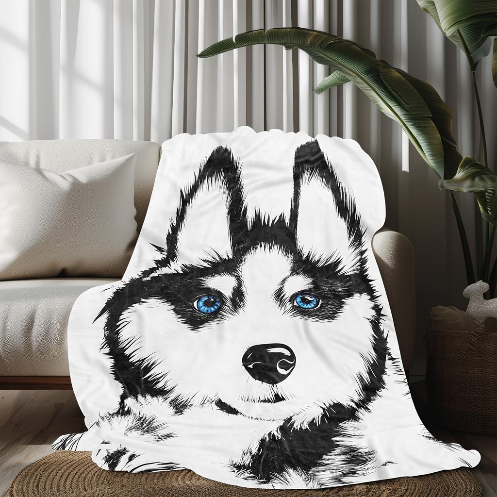 1pc Soft Flannel Blanket - Black & White Dog with Blue Eyes, HD Digital Print Throw - All-Season Couch, Bed, Gift - Machine Wash