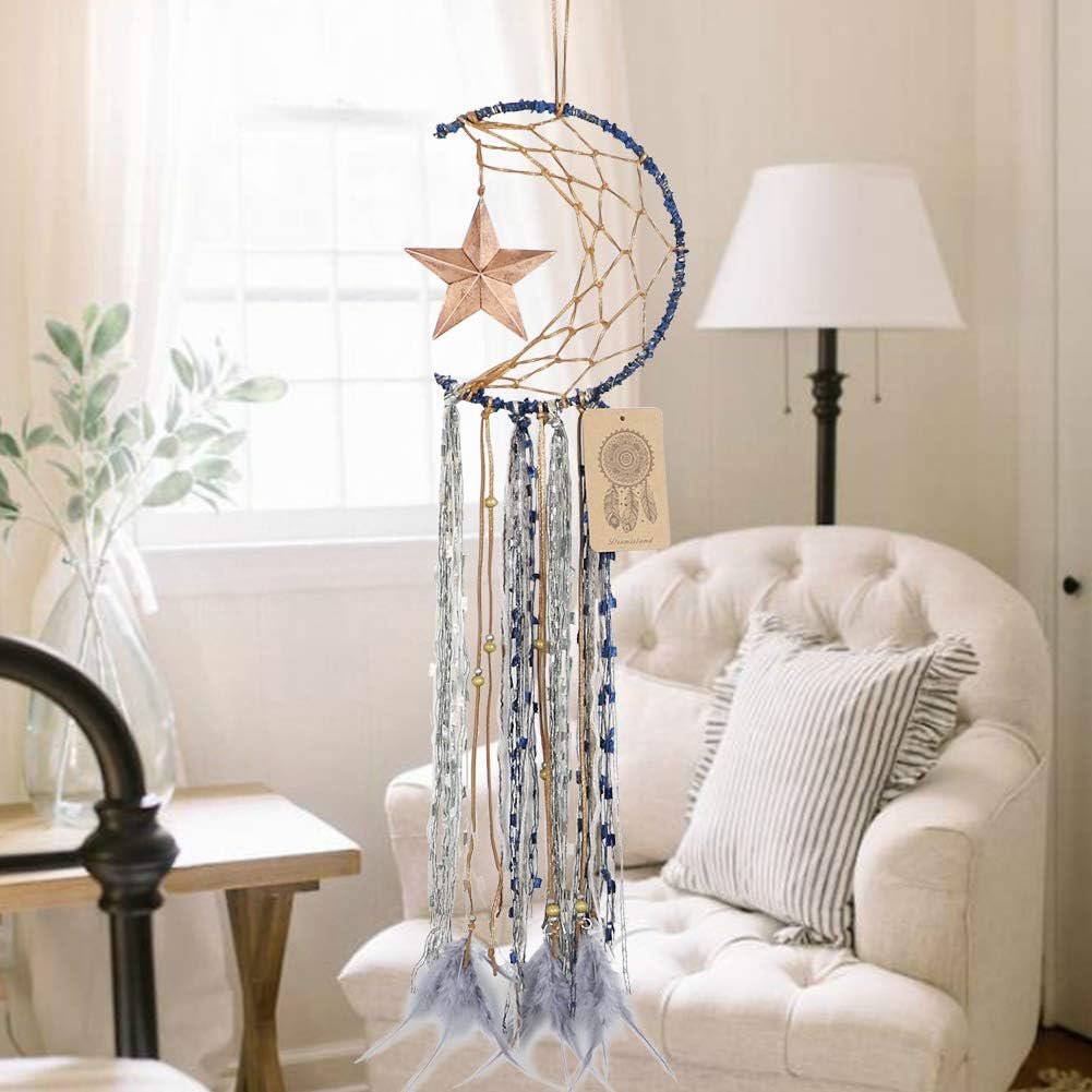 Dremisland Blue Dream Catcher Handmade Half Circle Moon Design Dream Catcher Feather Hanging with Star Home Decoration Ornament Festival Gift (Moon&