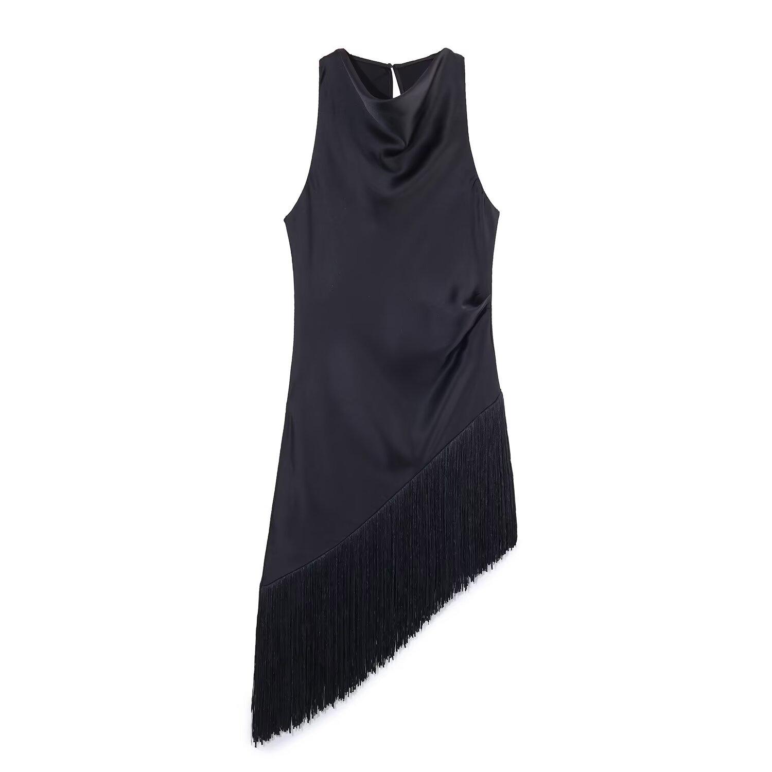 Elegant Spring Slimming Silk Satin Sleeveless Dress with Irregular Hem and Tassels for Women Small чёрный