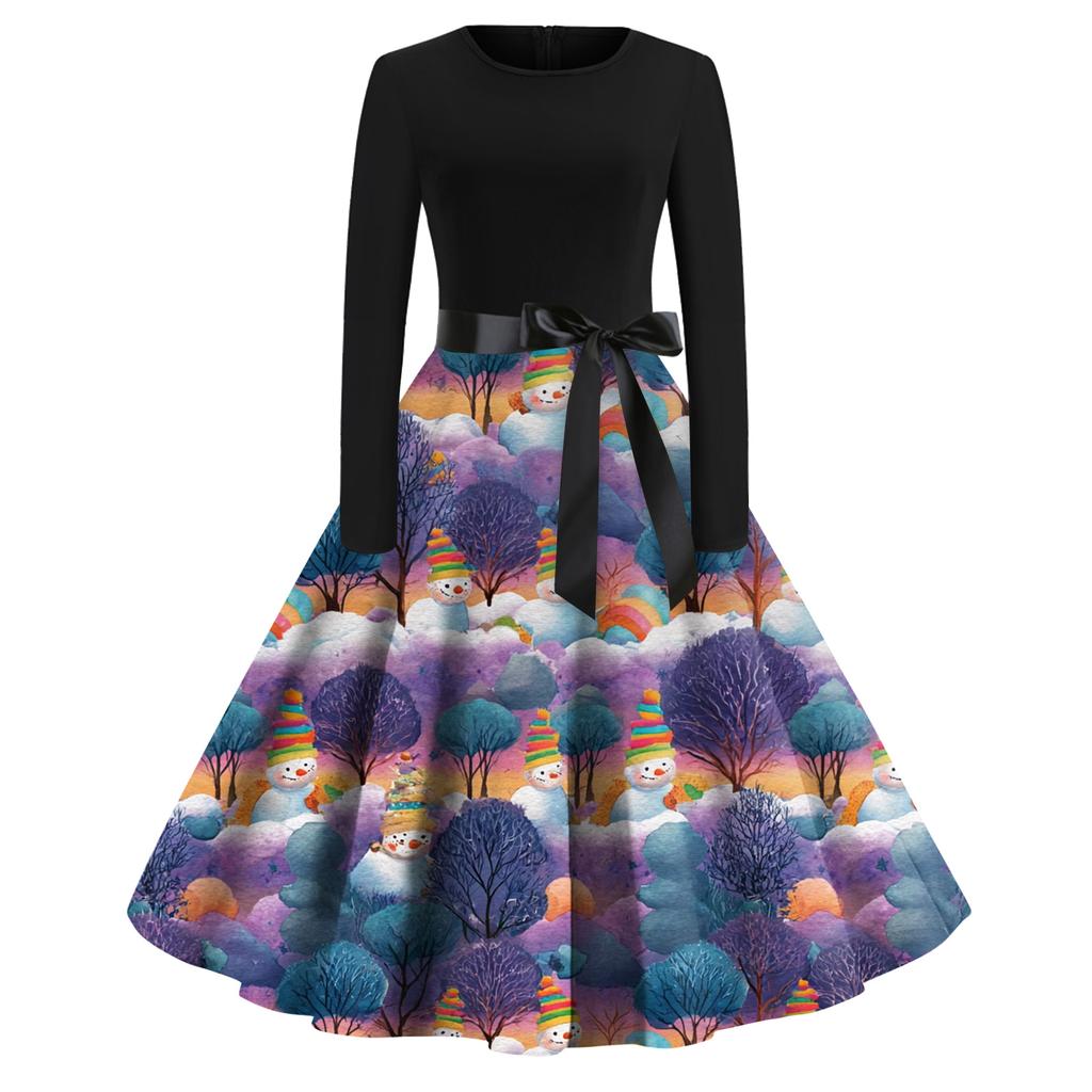 Women's Fashion Casual Round Neck Christmas Print Long Sleeve Dress