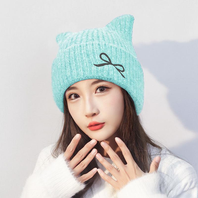 Winter Bow Cat Ear Knitted Wool Hat Women's Warm Ear Protection Hat