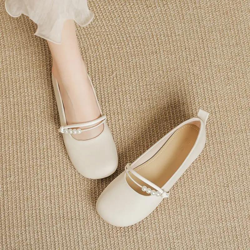 Fashion Japanese Style Lolita Ladies Footwear Pearl Mary Jane Gothic White Women's Flat Shoes Vacation 2025 Summer Popular Luxury Brand