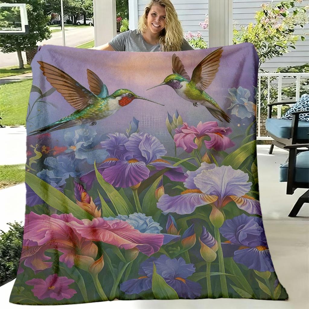1pc Hkstorage Vibrant Hummingbird And Floral Garden Blanket Soft, Warm Flannel Throw with Vivid Colors for Sofa, Office Naps, Travel, Picnics Cozy All