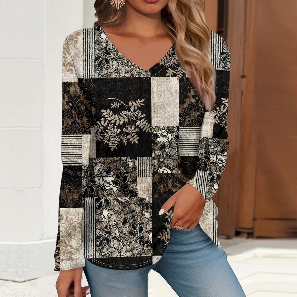 Women's T Shirt Retro Print Long Sleeve Daily Weekend Daily Basic V Neck Regular  Fall Winter Tops