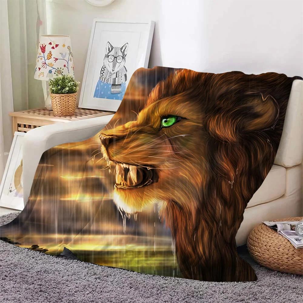 Colourful Lion Pattern Flannel Throw Blanket King Queen Size Super Soft Warm Blanket for Bed Sofa Couch Lightweight Kid Boy Gift