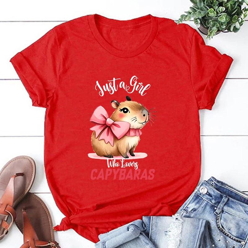 

Women Fashion Round Neck Tee Tops Streetwear Casual New Just Girl Who Lovers Capybara Graphic Print TShirt Summer Short sleeved S