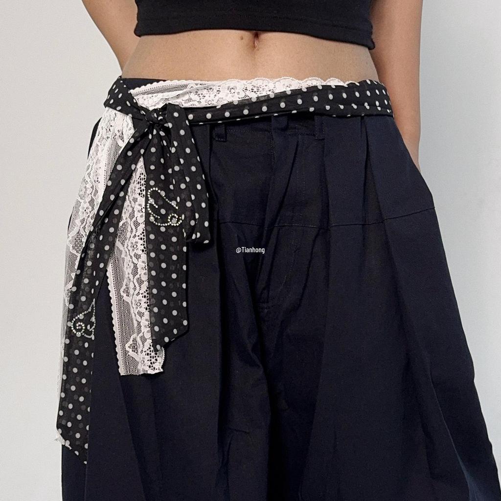 Retro Damstil Prickig Sidenscarf Bälte med Spets Midjekorsett - Perfekt till Jeans eller Kjola