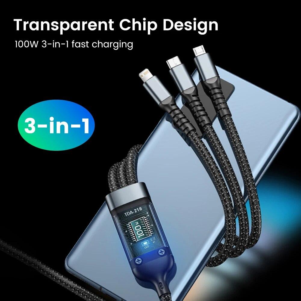 100W Fast Charging Cable with USB Type C, Micro USB, and Lightning Compatibility - 1.2M/2M Length, Transparent Chip, Night Light Feature
