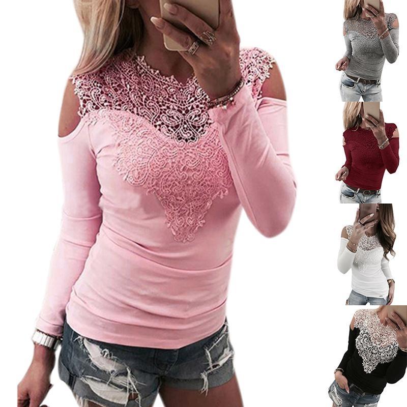 Elegant Spring Collection Sexy Lace Shoulder Cutout Cotton T-shirt Top In Gray Pink White And Black