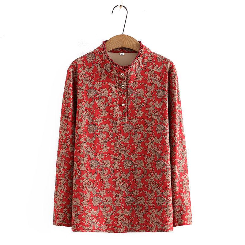 Autumn Bottoming Shirt T-shirt Women's Plus Size Loose Belly Covering Western Style Lace Collar Printed Long-sleeved Top