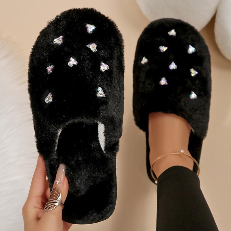 Fashion Fashion Heart Crystal Detor Fur Slippers Women Indoor Slip On Warm Plush Slippers Woman Winter Non Slip Light Cotton Slides Lady