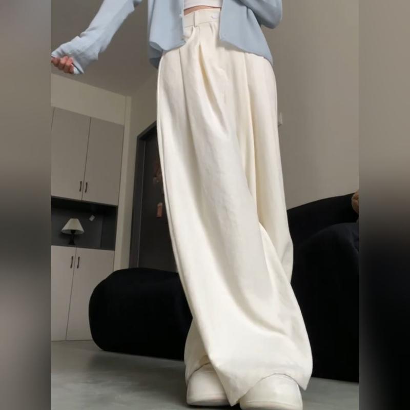White Wide-Leg Pants for Women - Summer Drapey High-Waisted Loose Slimming Tailored Trousers