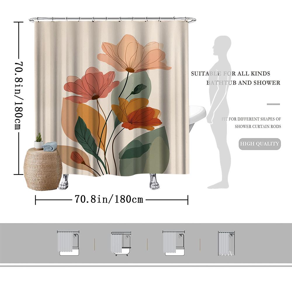 1Pc Modern Floral Shower Curtain – Pink Orange Red Leaves, 2D Flat Print, Mildew-Resistant Polyester, 72"X72", W/12 Hooks