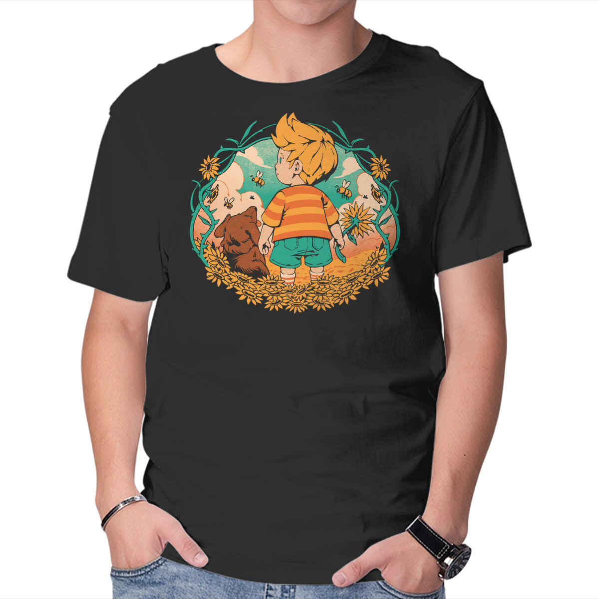 Unisex Crew Neck T-Shirt Sunflower Boy Graphic Short Sleeve Casual Tee XXL