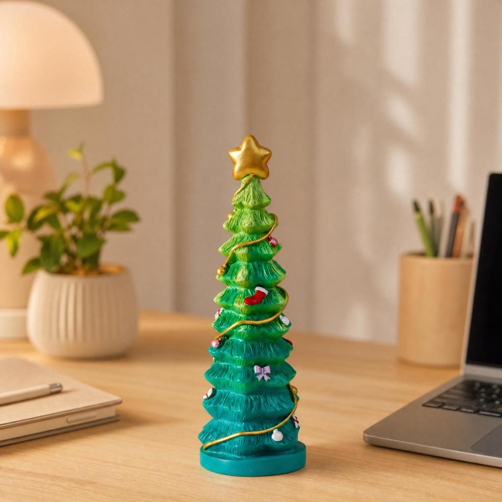 Tabletop Christmas Tree with Star Topper Freestanding Round Base Compact Holiday