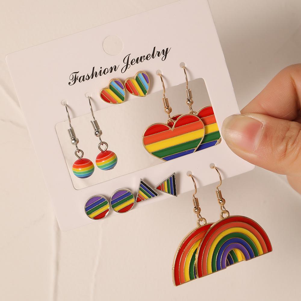 6 Pairs of INS Style Earrings: Alloy Oil Drop, Heart, and Rainbow Designs