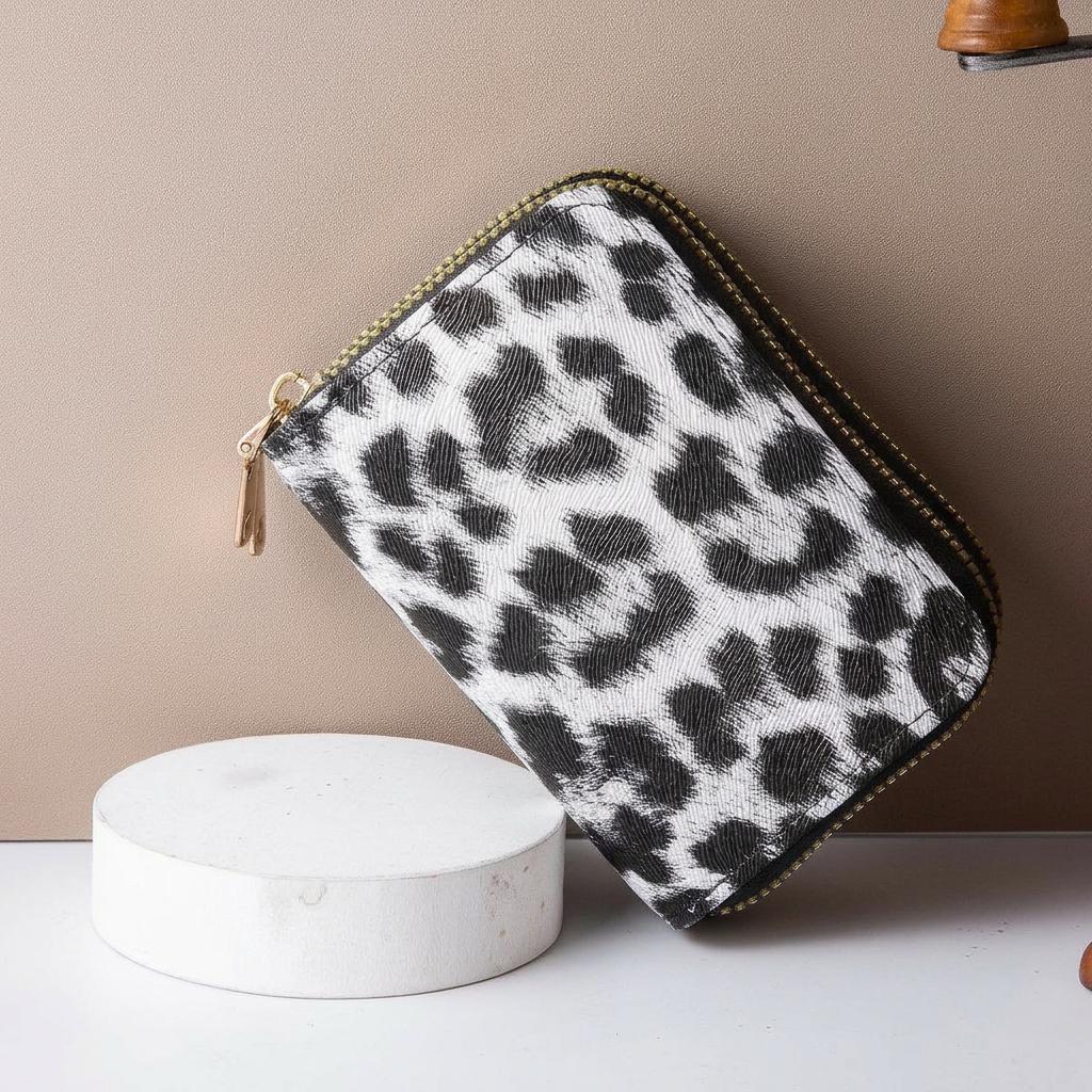 

Rfid Blocking Mini Wallet Lightweight Leopard Print Card Holder Double Zipper Coin Purse Portable Accordion Card Holder For Card світло-сірого кольору