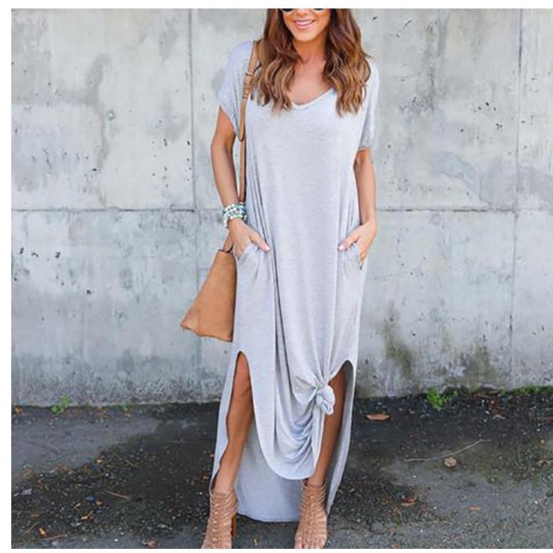 JPNTKY Fashion Summer Spring Solid Color Print Short Sleeve V-Neck Casual Dresses