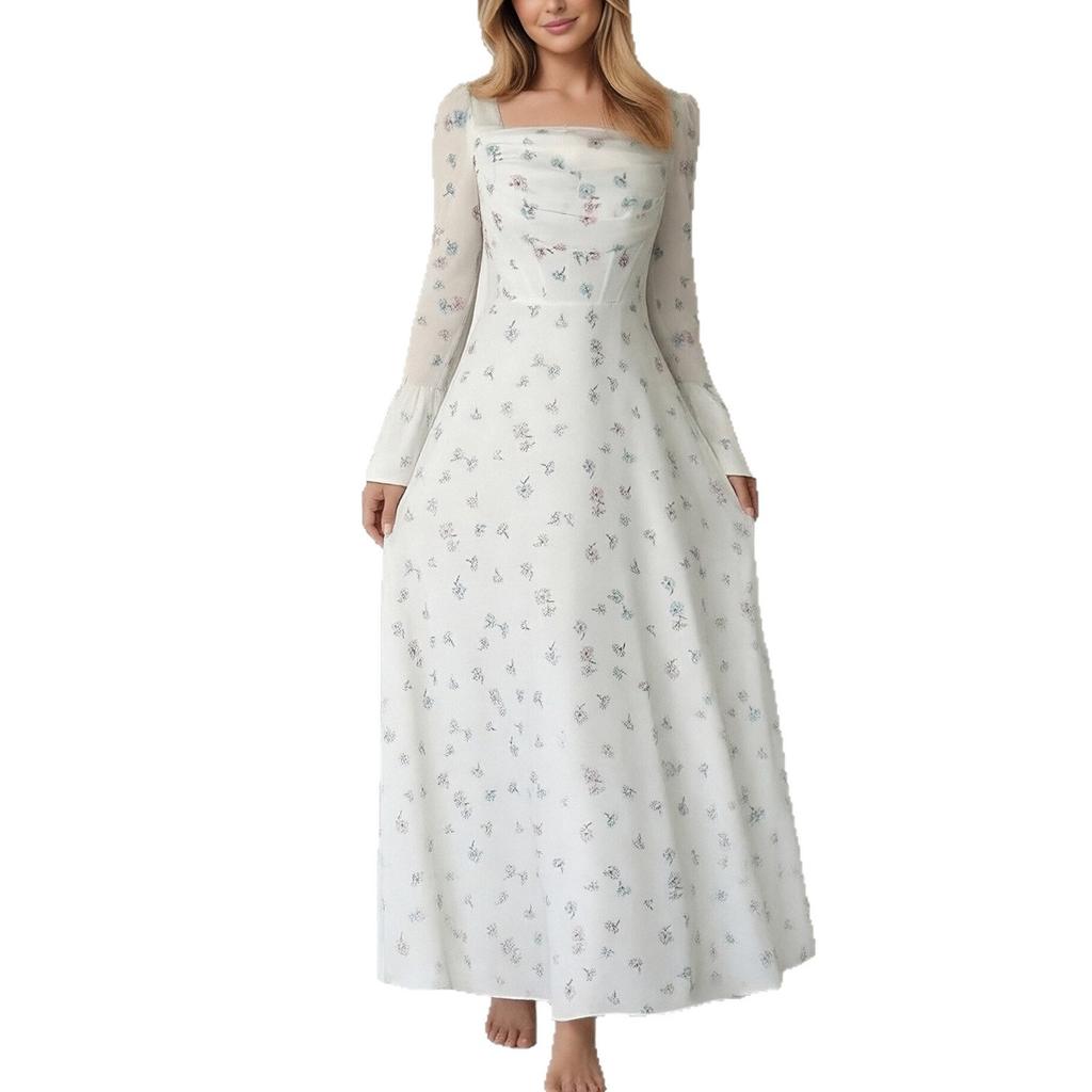 European and American women's clothing, new spring models, elegant floral pleated waist flared sleeve dress