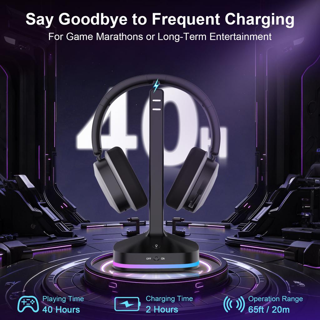 RGB Gaming Headset with Contact Charging Stand, Auto Dock Charging Via Pogo Pins, Tri-Mode BT5.3/2.4G/3.5mm, ENC Mic for PS5 PC